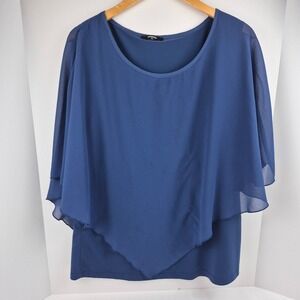 Lotusmile Blouse Women's XL Blue Chiffon Overlay Asymmetrical Flowy Top